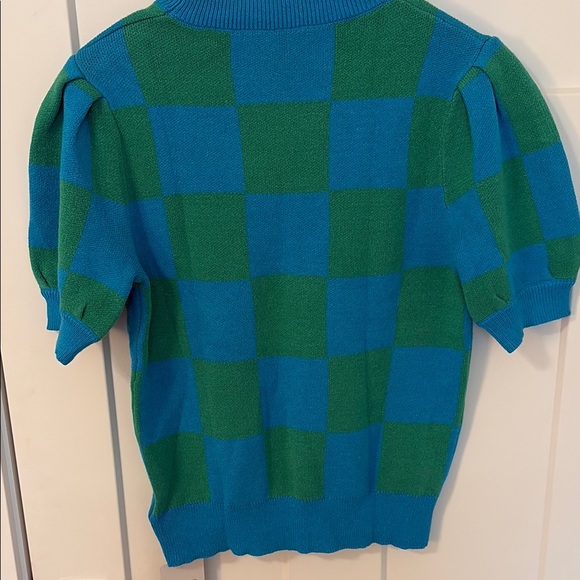 Women’s Crew Neck Short Sleeve Sweater - Blue and Green Checkered Top - Picture 8 of 8